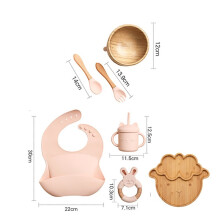(7st Rosa set-03) Mattallrik i trä Bambu Babyservis Silikon sugplatta