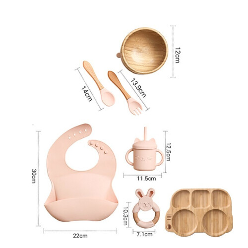 (7st Rosa set-06) Mattallrik i trä Bambu Babyservis Silikon sugplatta