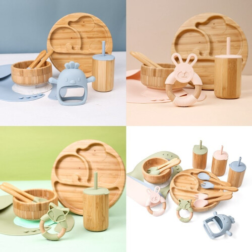 (7st Rosa set-06) Mattallrik i trä Bambu Babyservis Silikon sugplatta 2