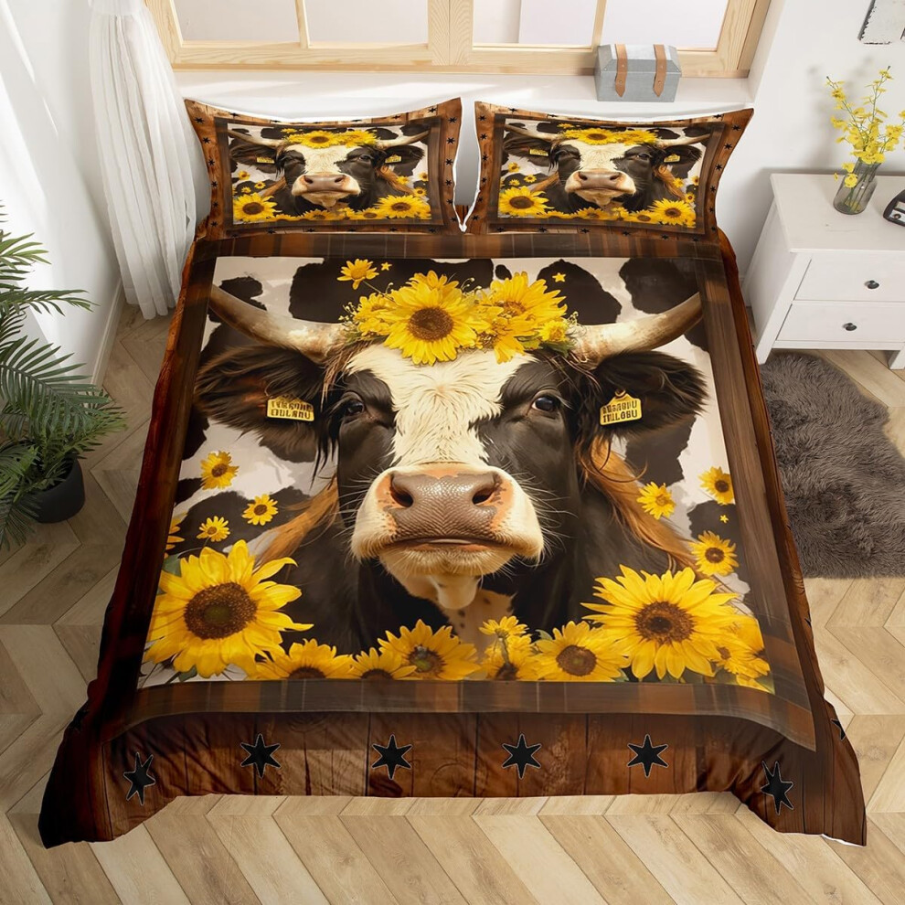 (Brown Yellow, Double(No Comforter)) Homewish Bull Cattle Double Duvet Cover,Yellow Sunflower Flowers Bedding Sets for Boys Girls,Rustic Farmhouse Sty