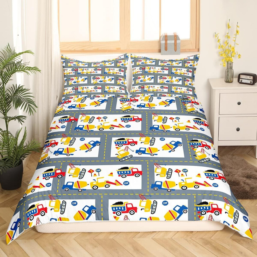 (Multi 06, King(No Comforter)) Homewish Truck Comforter Cover Crane Dump Truck Duvet Cover, Cartoon Cars Kawaii Bedding Set Double, Watercolor Hand Dr