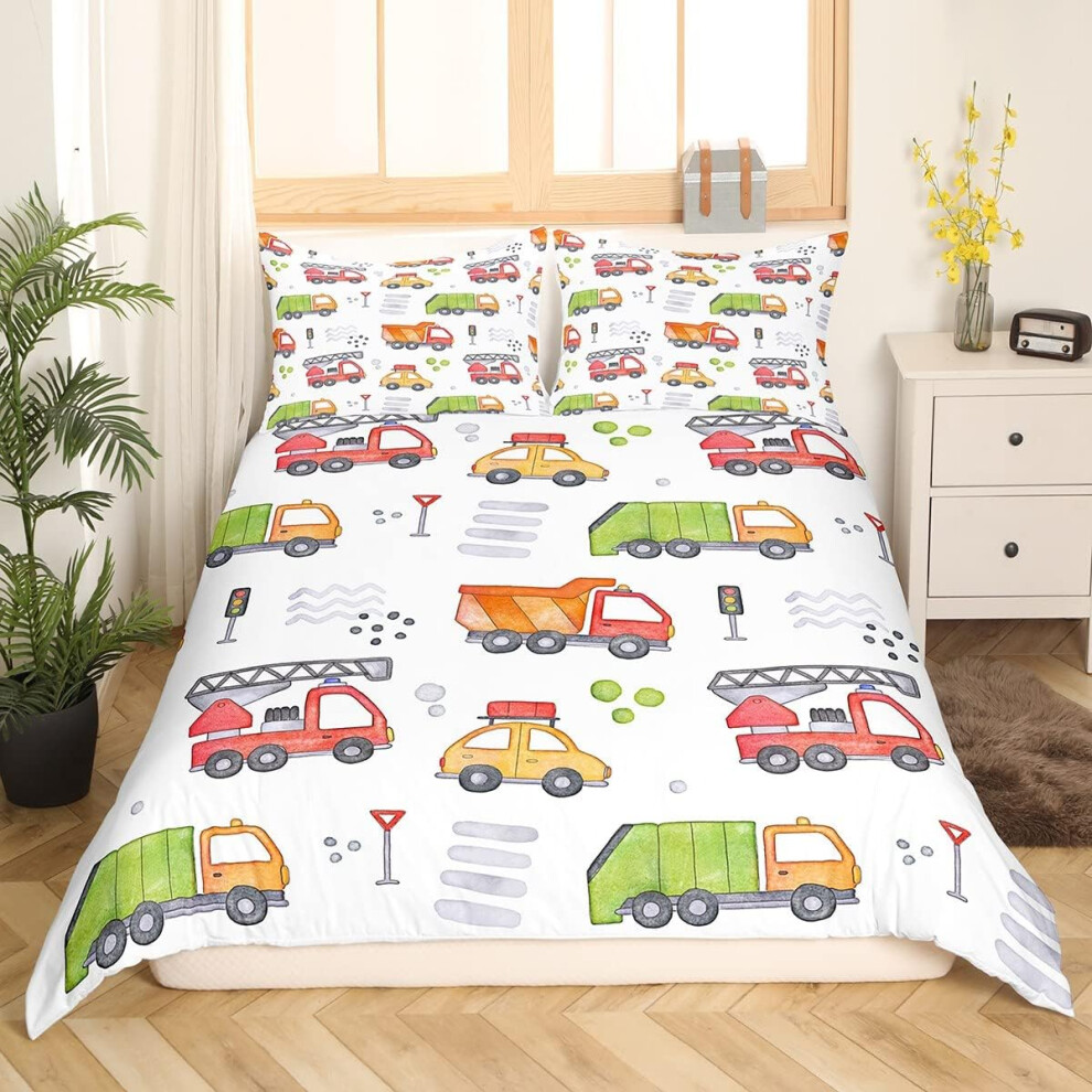 (Multi 18, King(No Comforter)) Homewish Truck Comforter Cover Crane Dump Truck Duvet Cover, Cartoon Cars Kawaii Bedding Set Double, Watercolor Hand Dr