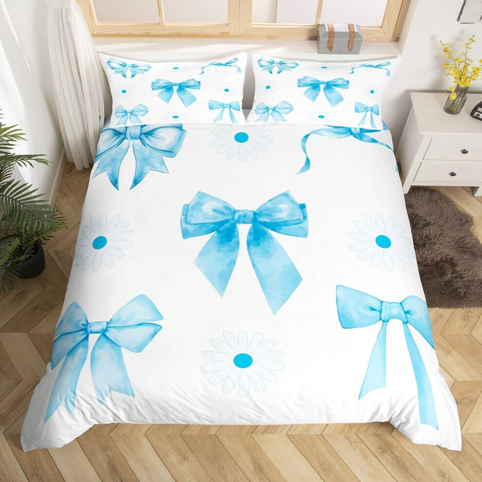 (Blue And White, Double(No Comforter)) Homewish Cute Bowknot Bedding Set Double,Red Pin Ribbon Bow Duvet Cover For Girls Kids Princess,Geometric Butte Blue,White