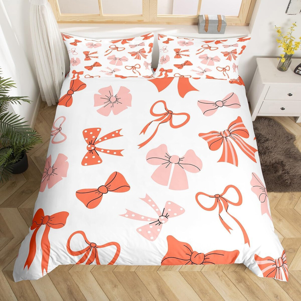 (Orange White, Double(No Comforter)) Homewish Cute Bowknot Bedding Set Double,Red Pin Ribbon Bow Duvet Cover For Girls Kids Princess,Geometric Butterf White,Orange