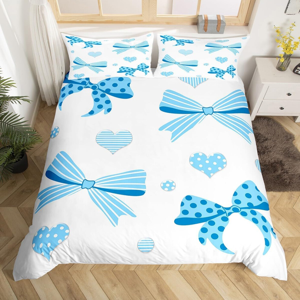 (White Blue, Double(No Comforter)) Homewish Cute Bowknot Bedding Set Double,Red Pin Ribbon Bow Duvet Cover For Girls Kids Princess,Geometric Butterfly Blue,White