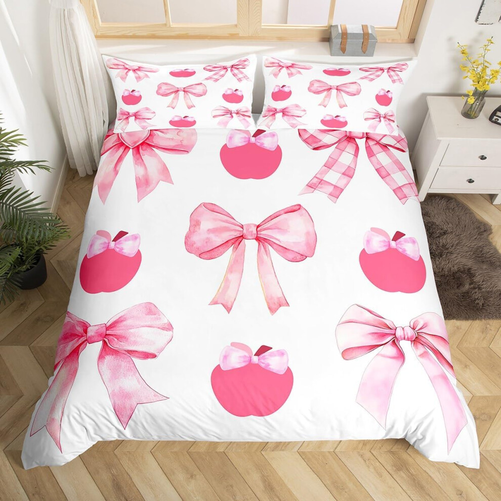 (Light Pink and White, King(No Comforter)) Homewish Cute Bowknot Bedding Set Double,Red Pin Ribbon Bow Duvet Cover for Girls Kids Princess,Geometric Butterfly Tie Print Bed Set,Various Bowtie