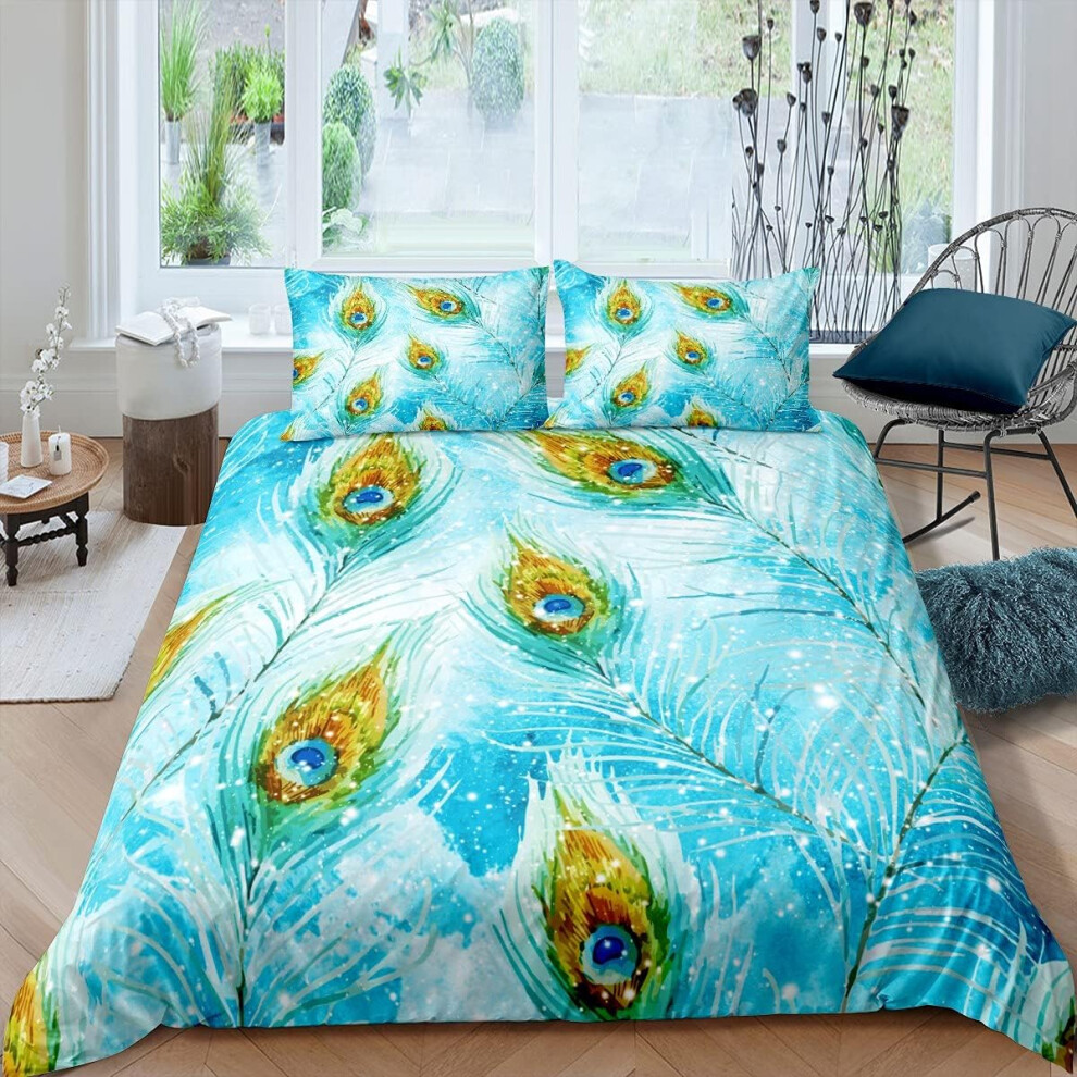 (Multi 06, Double(No Comforter)) Peacock Feather Comforter Cover Double Size Boho Peacock Bedding Set For Kids Girls Women Teal Animal Bird Feather Du