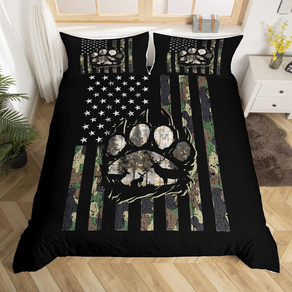 (Black Green, Double(No Comforter)) Homewish Hunting Bear Deer Comforter Cover Army Green Camo American Flag Bedding Set Double For Kids Boys Teen Men Green,Black