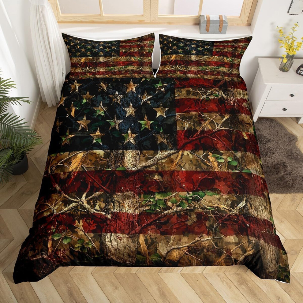 (Brown Red Green, Double(No Comforter)) Homewish Hunting Bear Deer Comforter Cover Army Green Camo American Flag Bedding Set Double For Kids Boys Teen Green,Red,Brown
