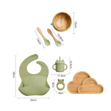 (7st grönt set-04) Mattallrik mattallrik i trä Bambu Babyservis Silikon sugplatta