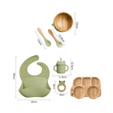 (7st grönt set-06) Mattallrik mattallrik i trä Bambu Babyservis Silikon sugplatta