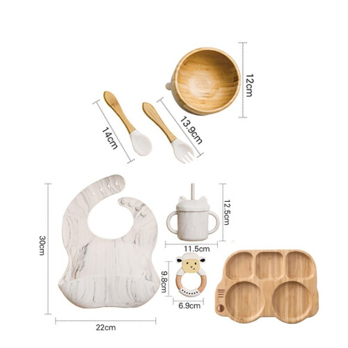 (7st Marble set-06) Mattallrik i trä Bambu Babyservis Silikon sugplatta