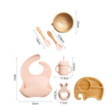 (7st Rosa set-05) Mattallrik i trä Bambu Babyservis Silikon sugplatta