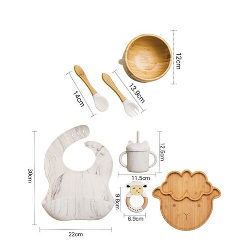 (7st Marble set-03) Mattallrik i trä Bambu Babyservis Silikon sugplatta