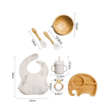(7st Marble set-05) Mattallrik i trä Bambu Babyservis Silikon sugplatta
