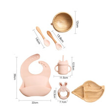 (7st Rosa set-07) Mattallrik i trä Bambu Babyservis Silikon sugplatta