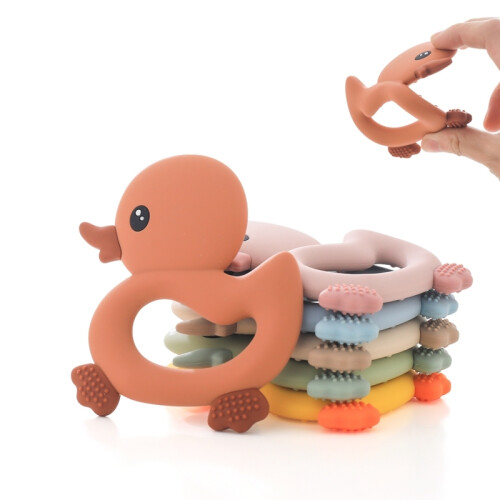 (Γκρι) Baby Teether Food Grade Silicone Teethers Animals Duck DIY Nursing Teething Pacifier Clip 1