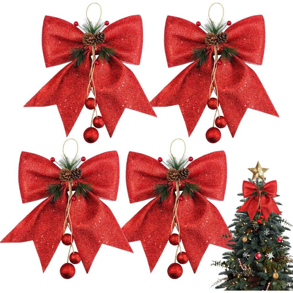 Noeud rouge de noël 4 pièces, couronnes de nœuds scintillants, paillettes d'arbre de noël, ornement