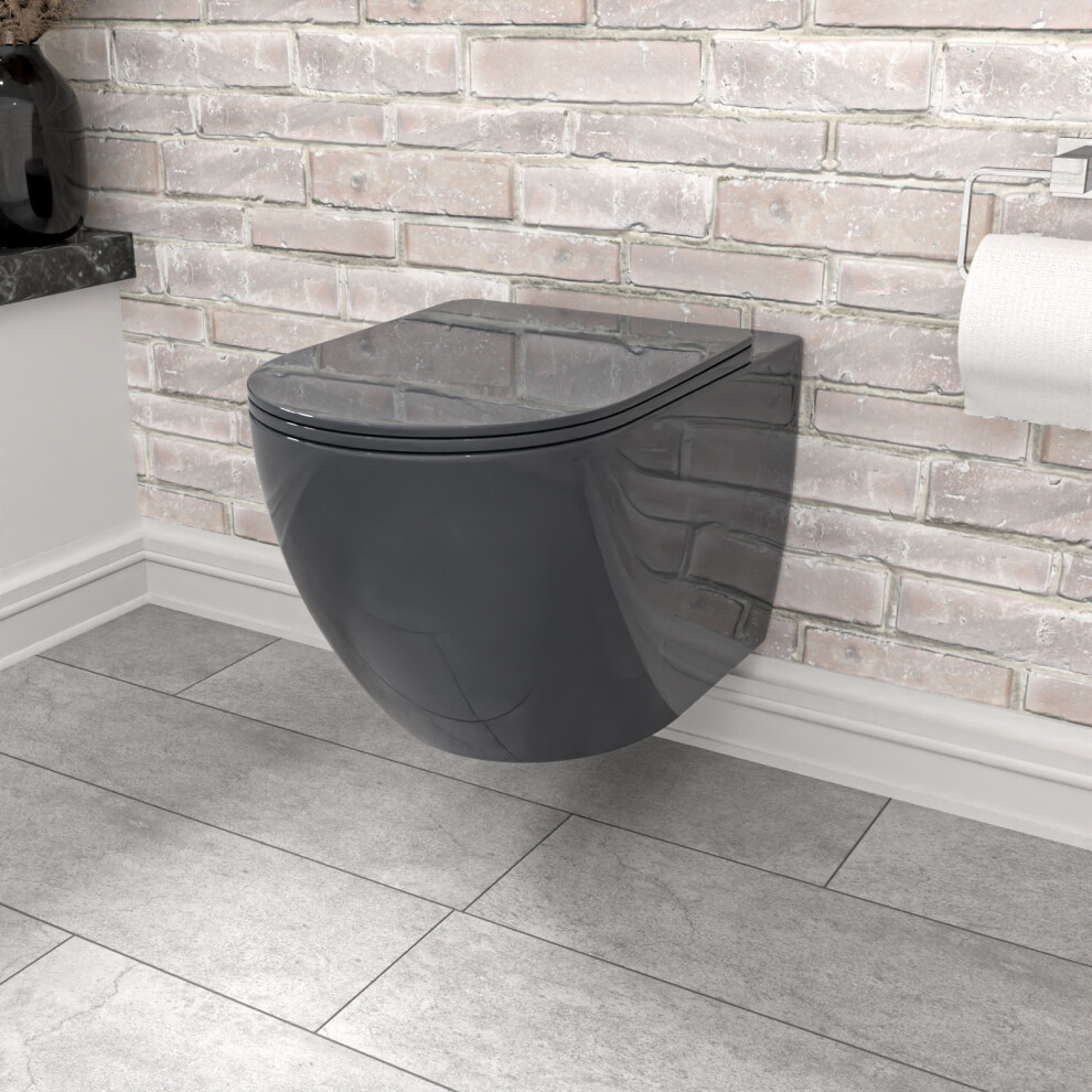 Nes Home Round Dark Grey Wall Hung Rimless Toilet With Soft Close Seat