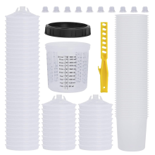 Verfbeker, 50 bekerliners (20 oz), deksels met filters, 10 stoppen, 1 harde borgring, roerstaafje