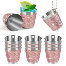12Pcs Pink Leather-Chain Stainless Steel Shot Cups 30ml – Hanging Glasses for Weddings & Parties