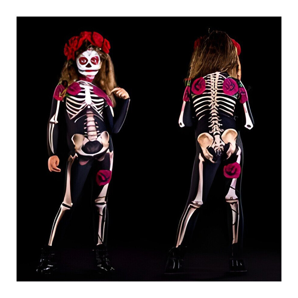 (Enfant noir, 130) Costume d'Halloween pour enfants et femmes, body de Cosplay squelette, combinaison