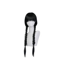 (Bangs) Wednesday Addams Girls Wig Double Braided Cosplay Halloween Black Heat Resisting