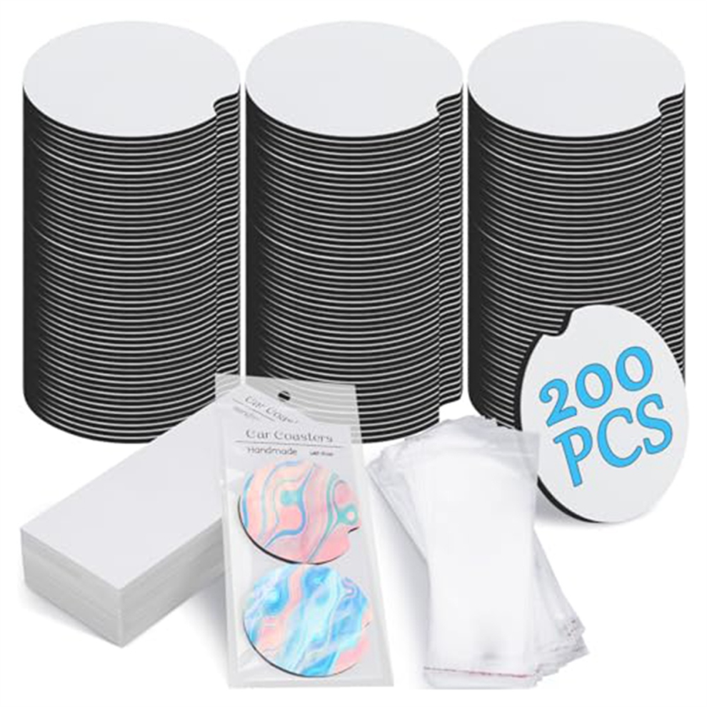 Sublimations-Auto-Untersetzer-Rohling-Set, 200 StüCk, 2,76 Zoll, 100 Klebebeutel Und Displaykarte, Weiß-image
