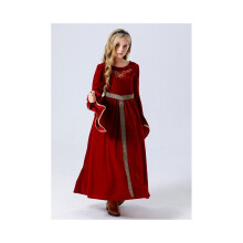 (Rot, 140) Atemberaubendes Vintage-Hofkleid für Mädchen aus Bambusfaser in auffälligem Rot und Blau