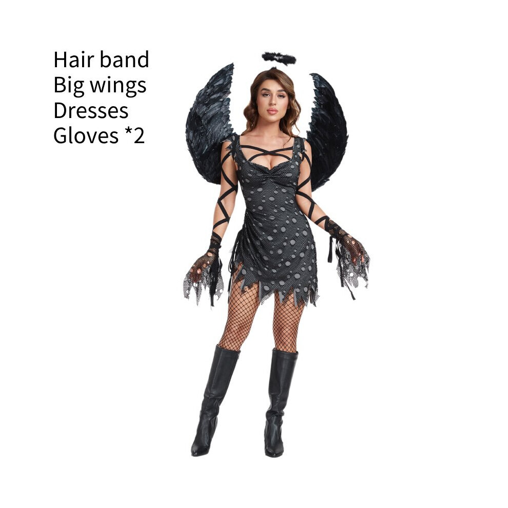 (M) Robe d'ange noire d'Halloween pour femme, Costume de Cosplay, vêtements de spectacle sur scène