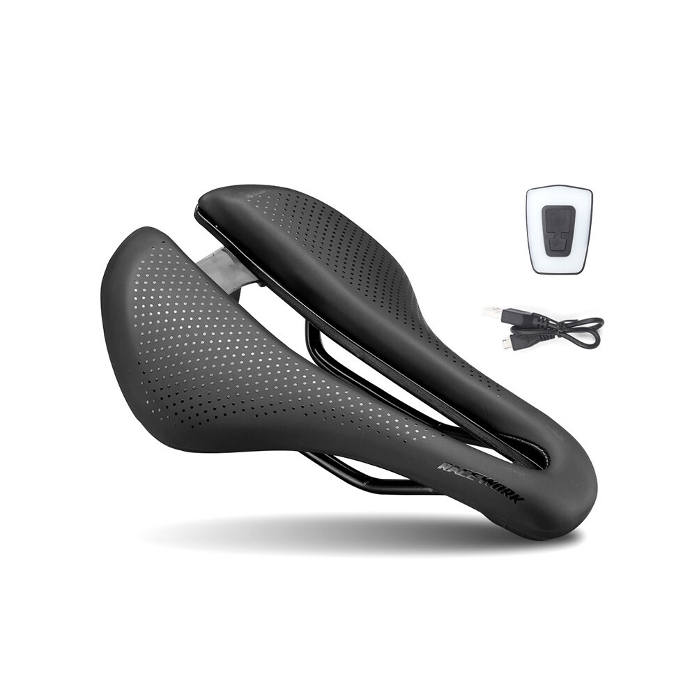 (Avec lumière USB) Selle de vélo siège creux doux et confortable avec feu arrière d'avertissement vélo