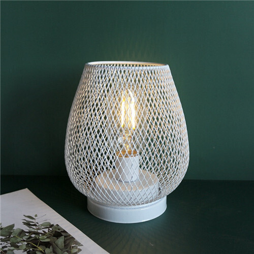White Cordless Table Lamp Metal Cage Lantern LED Night Light
