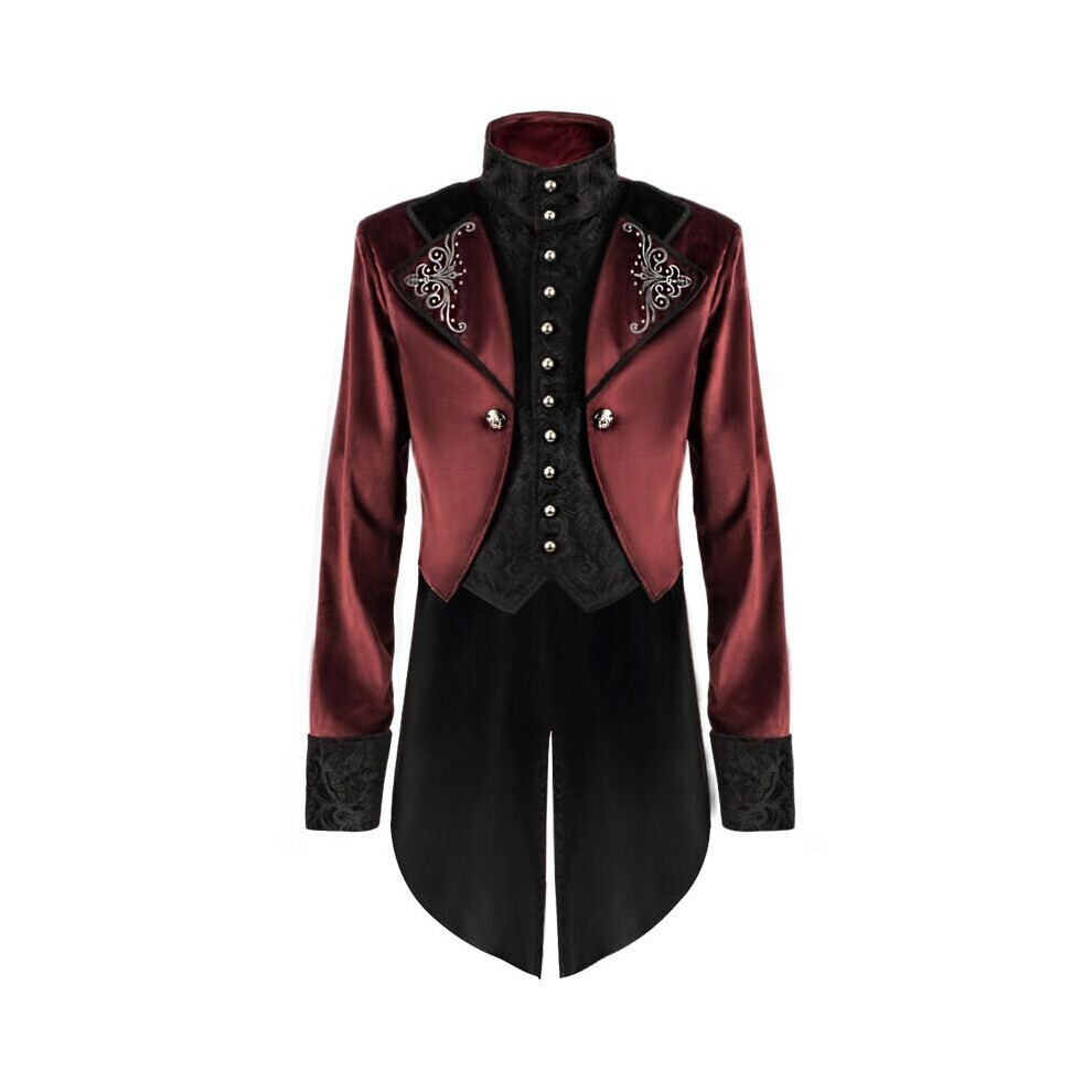 (Rouge, 2XL) Court Stand Collar Halloween Médiéval Vintage Vêtements Moyen Long Punk Hommes Manteau