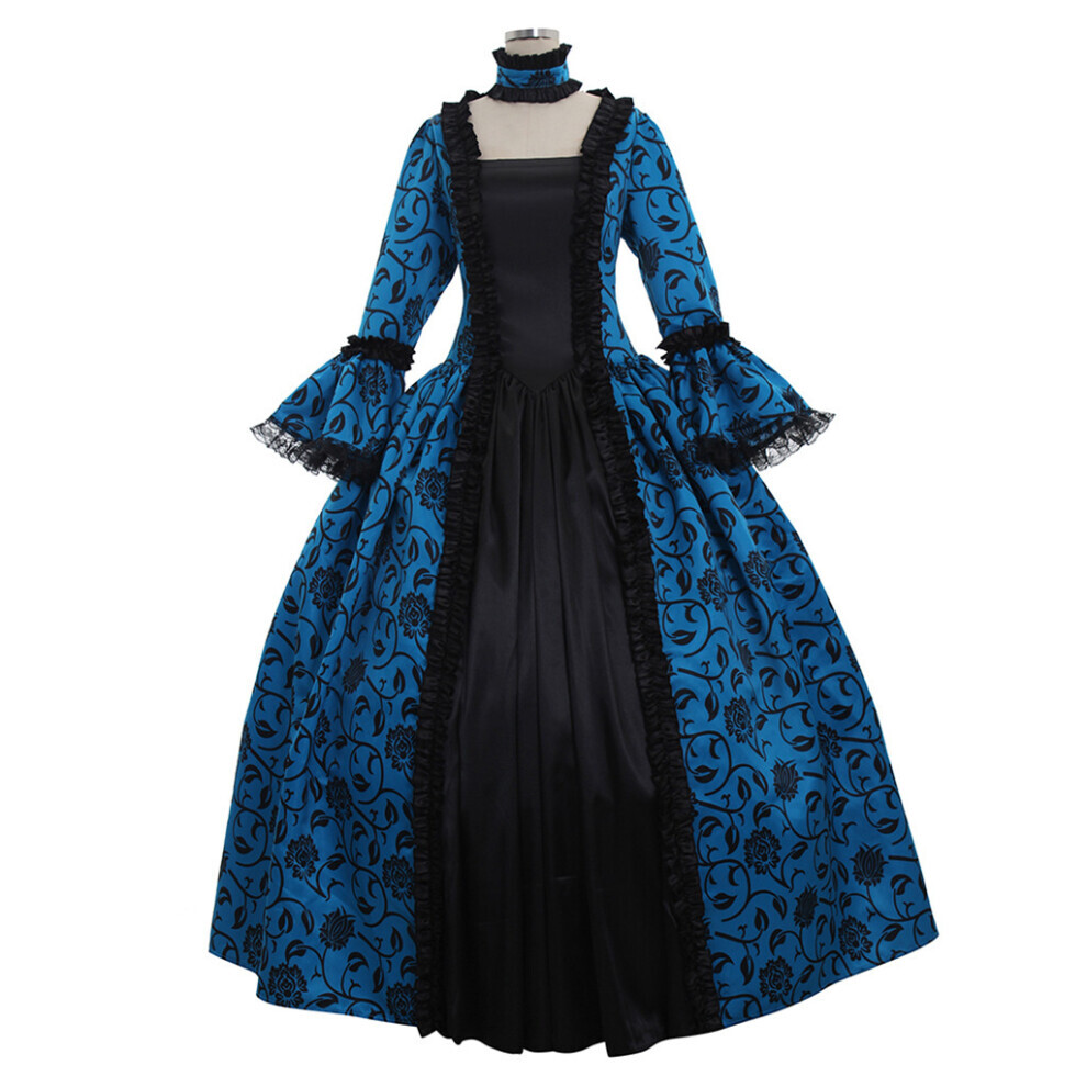 (Bleu, M) Robe de cour vintage imprimée Victoria Jupe longue Cosplay Party Halloween Costume
