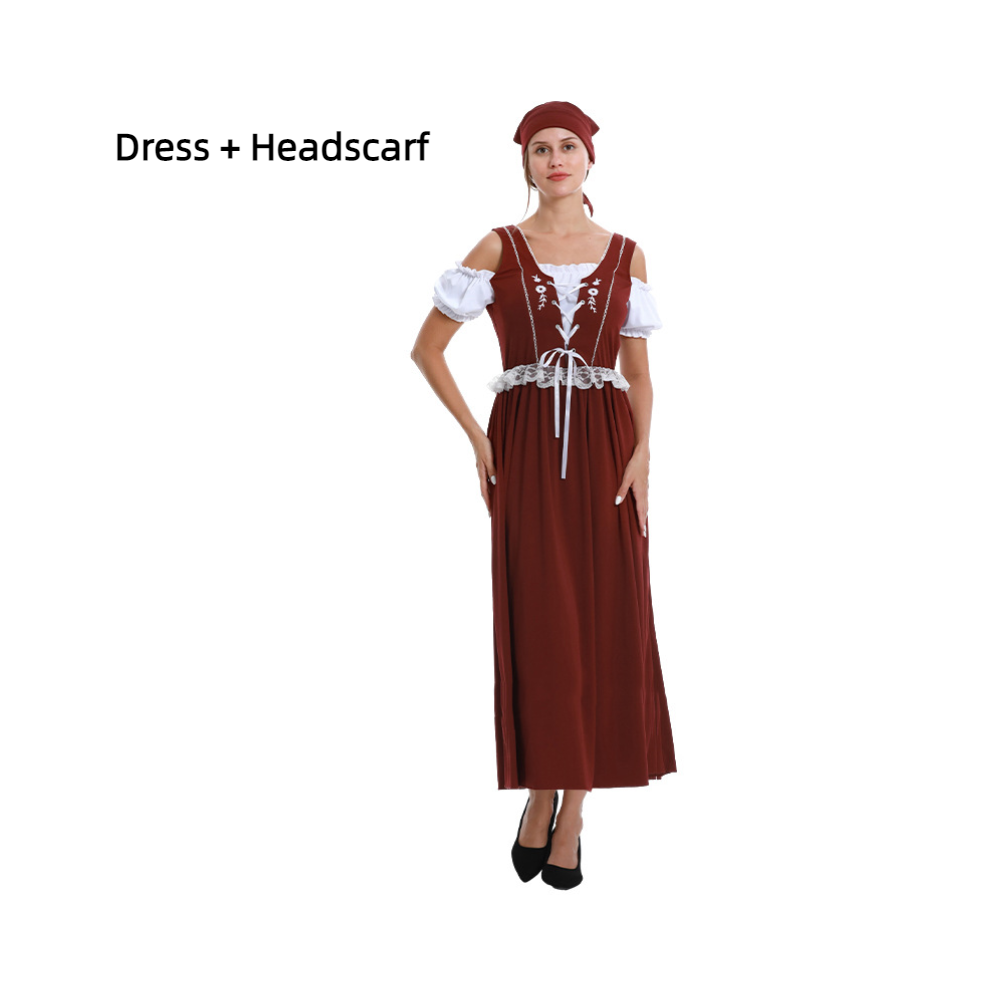 (Marron, L) Manor Cosplay Maid Costume Robe ethnique traditionnelle Bandeau Halloween Jeu de rôle