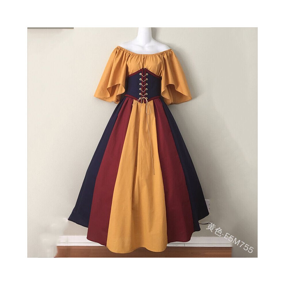 Robe du moyen âge pour femmes, manches évasées, cravate à la taille, jupe, cadeau, mode réglable (jaune,