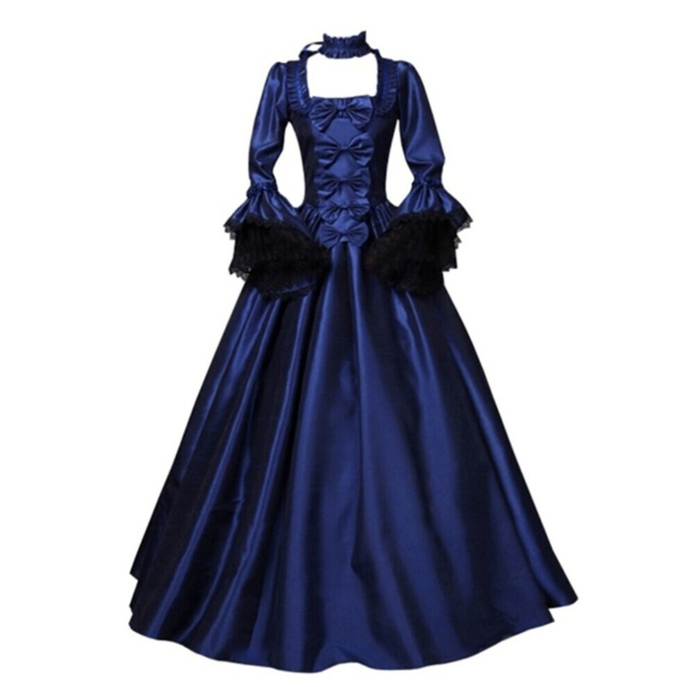 (Bleu, XL) Âges Robe patchwork en dentelle moyenne avec jupe de soirée à grandes manches trompette