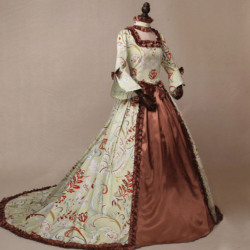 (Marron, M) Robe imprimée à manches longues du moyen âge Grande jupe à encolure évasée à manches carrées
