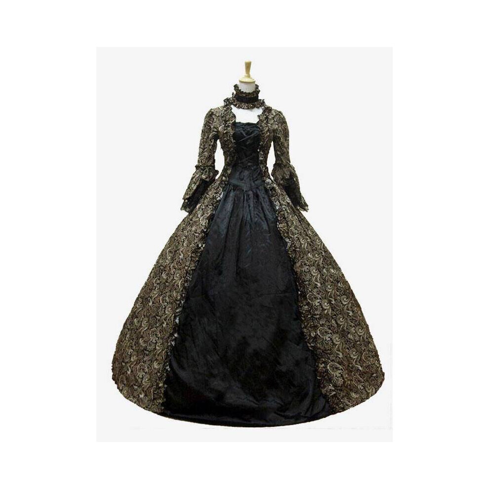 (Marron, 3XL) Robe de cour Victoria Jupe évasée imprimée à manches longues Costume d'Halloween Cosplay