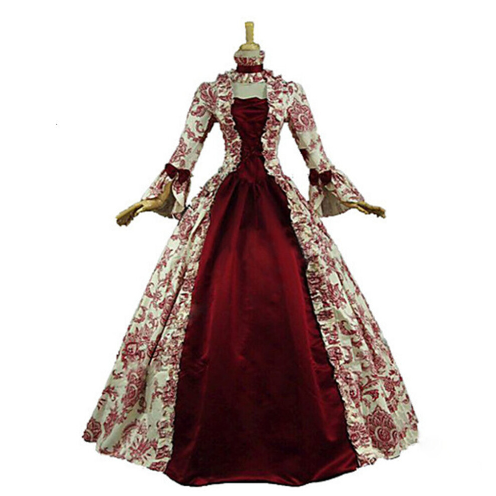 (Rouge, M) Robe de soirée à manches longues imprimées Grande trompette Costume à manches de scène