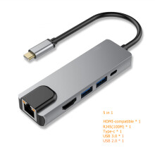 (szary 5 w 1) Koncentrator USB C do złącza RJ45 typu C 4K, zgodny z HDMI, VGA, SD, TF, USB 3.0, stacja