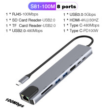(S81-100M 8 w 1) Stacja dokująca RJ45 100M/1000 Mb/s Ethernet do USB C, koncentrator USB typu C do HDMI