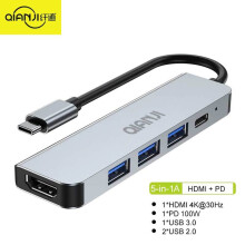 (5in1A) Adapter USB C Hub Multiport 5 w 1 z portami HDMI 4K typu C 3.0 i zasilaniem 100 W Qianji