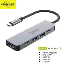 (5in1B) Adapter USB C Multiport Hub 5 w 1 z portami HDMI 4K typu C 3.0 i zasilaniem 100 W Qianji
