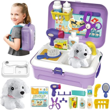 HERSITY Kids Vet Kit Dog Grooming Toy Pet Care Role Play Games Animal Dolls Pretend Play Pet Carrier Set Toys 3 4 5 Yea