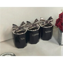 Set of 3 Black Marble Effect Ceramic Tea, Coffee & Sugar Canisters