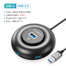 (YX2-U3-03-BK) Rozdzielacz USB RGB 4 porty 3.0 Multi USB z ładowaniem typu C, ultrasmukły adapter OTG