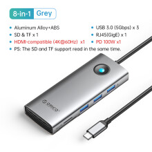 (8 w 1 RJ45 AUD) Stacja dokująca typu C HUB do adaptera USB 3.0 zgodnego z HDMI 4K60Hz RJ45 PD100W Ładowanie