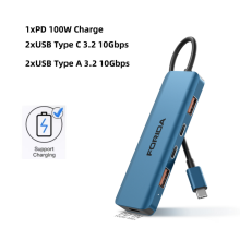 (Niebieski) Hub USB C 5 Gb/s, 10 Gb/s, rozdzielacz USB C, moc ładowania 100 W, kompatybilny z laptopem