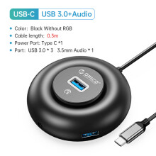(YX4-C3-03-BK) Rozdzielacz USB RGB 4 porty 3.0 Multi USB z ładowaniem typu C, ultrasmukły adapter OTG
